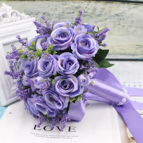 Wedding Bouquet  Artificial Natural Rose Holding Flowers purple blue white bouquet