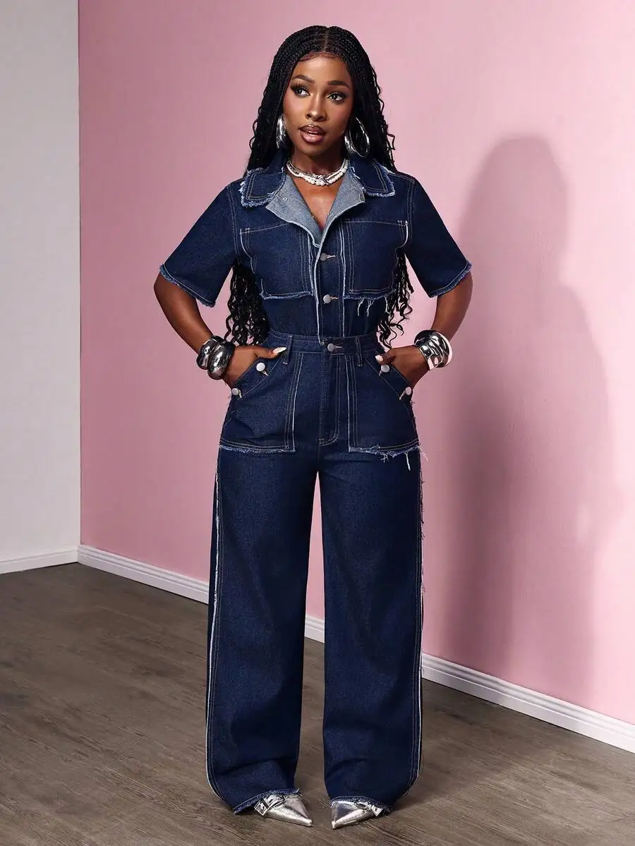 Womens Fringed Short Sleeve Single-Breasted Wide Leg Casual Denim Jumpsuit
Womens Fringed Short Sleeve Single-Breasted Wide Leg Casual Denim Jumpsuit