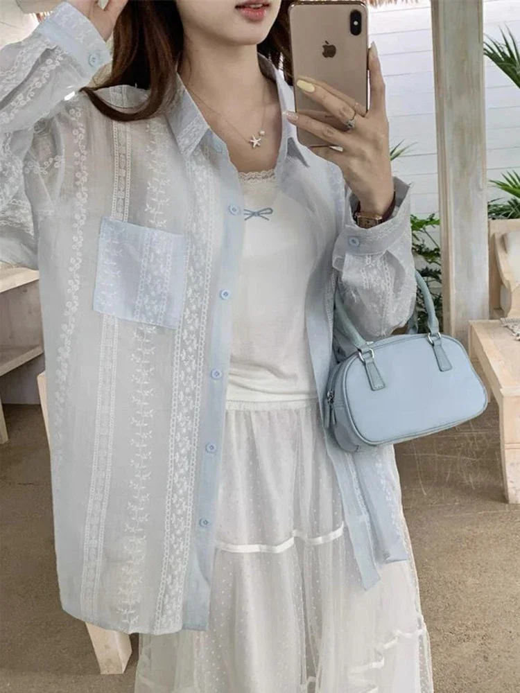 Korean See Through Sun Proof Women Shirt Loose Sweet Long Sleeve Elegant Blouse Sexy Fashion Female Summer Chic Tops New
Korean See Through Sun Proof Women Shirt Loose Sweet Long Sleeve Elegant Blouse Sexy Fashion Female Summer Chic Tops New