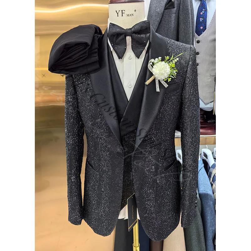 Shiny Glitter Black Men Suits Shawl Lapel Luxury 3 Pieces Sets Wedding Prom Blazers Vest Pants Outfit Terno Masculino Completo
Shiny Glitter Black Men Suits Shawl Lapel Luxury 3 Pieces Sets Wedding Prom Blazers Vest Pants Outfit Terno Masculino Completo