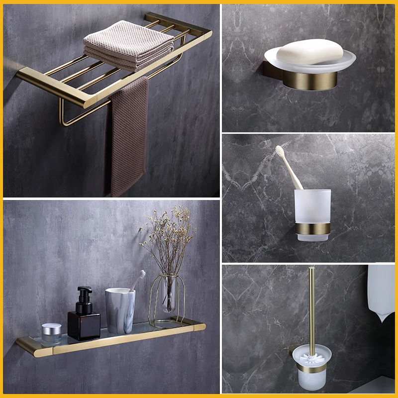 Brushed Gold Bathroom Accessories Towel Rack Rod Shelf Ring Paper Holder Toilet Brush Holder Robe Hook Soap Dish Toothbrush Cup
Brushed Gold Bathroom Accessories Towel Rack Rod Shelf Ring Paper Holder Toilet Brush Holder Robe Hook Soap Dish Toothbrush Cup