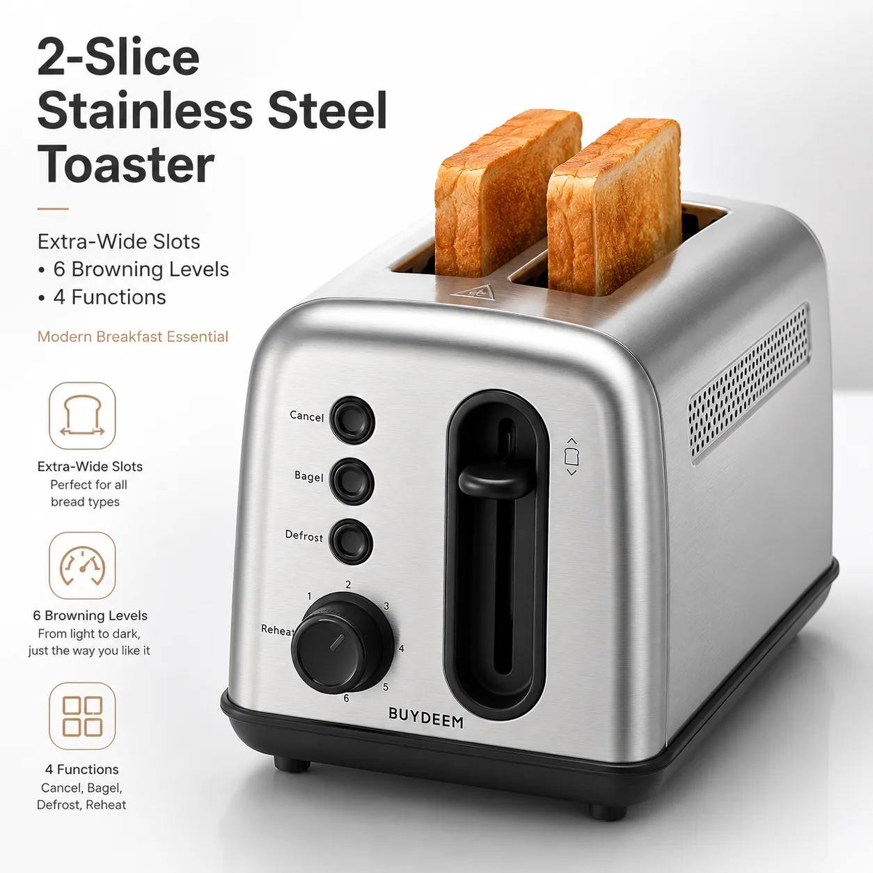 BUYDEEM DT420 2 Slice Toaster, Retro Stainless Steel Toaster with Extra Wide 1.5 Inch Slots, 6 Shade Settings, Bagel Reheat Defrost Cancel Functions, High Lift Lever, Compact Countertop Toaster, Silver
BUYDEEM DT420 2 Slice Toaster, Retro Stainless Steel Toaster with Extra Wide 1.5 Inch Slots, 6 Shade Settings, Bagel Reheat Defrost Cancel Functions, High Lift Lever, Compact Countertop Toaster, Silver