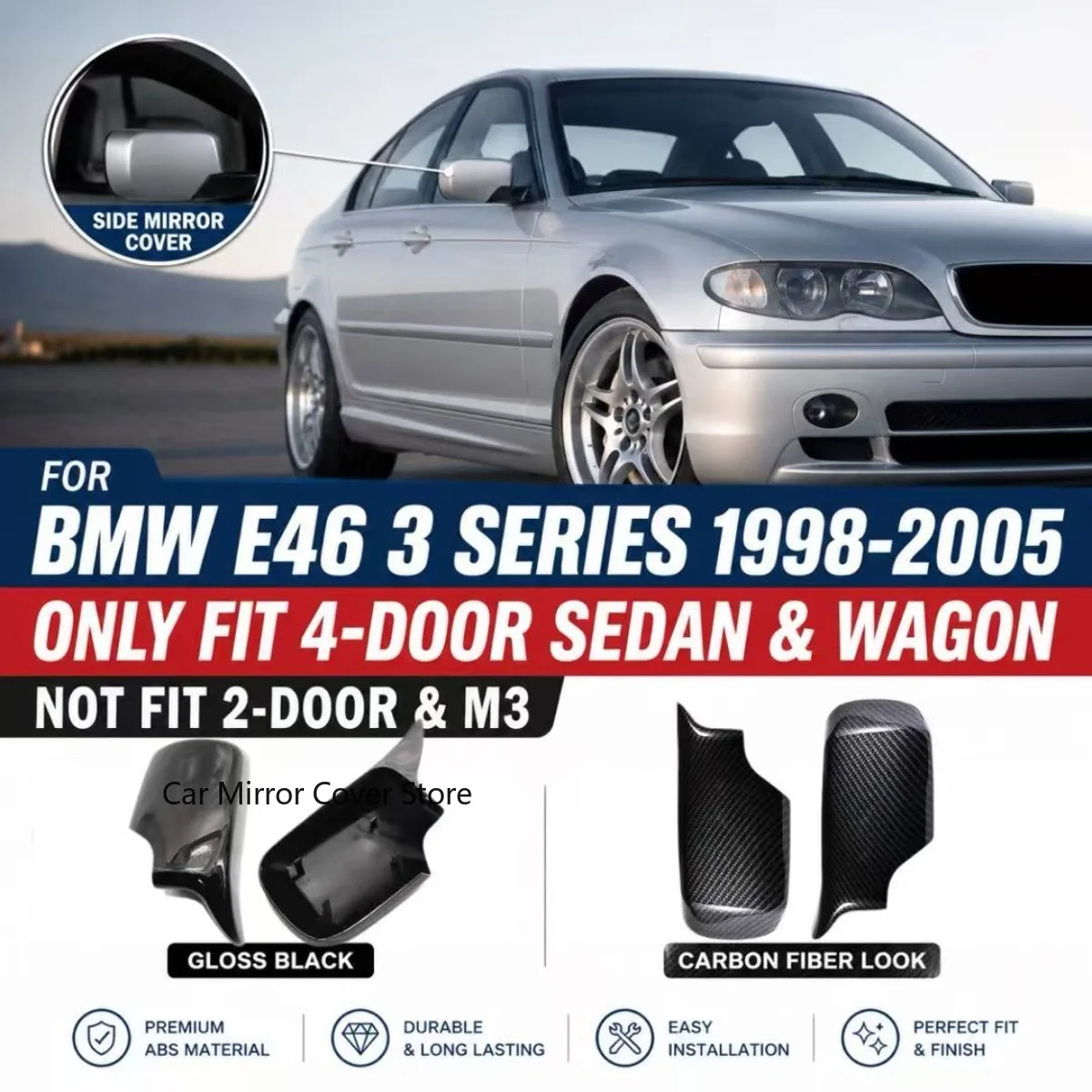 Rear View Mirror Cover For BMW E46 E39 3 Series 1998-2005 4-Door NOT 2-DOOR Carbon Look /Glossy Black Side Wing Cap Mirror Case
Rear View Mirror Cover For BMW E46 E39 3 Series 1998-2005 4-Door NOT 2-DOOR Carbon Look /Glossy Black Side Wing Cap Mirror Case