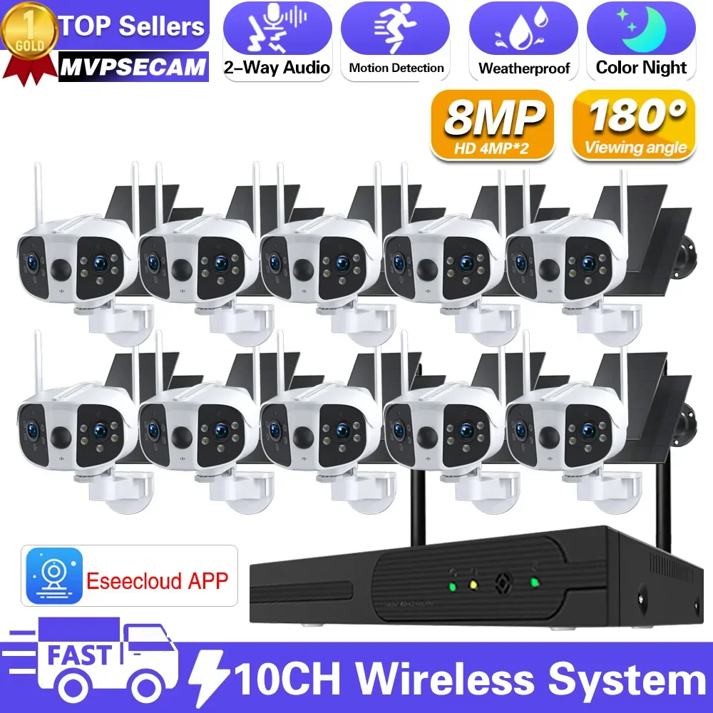4K 8MP WiFi Dual Panels Solar Panel Battery System Fixed 180° Wide Angle Panorama Camera 10CH NVR Kit Video Surveillance System
4K 8MP WiFi Dual Panels Solar Panel Battery System Fixed 180° Wide Angle Panorama Camera 10CH NVR Kit Video Surveillance System