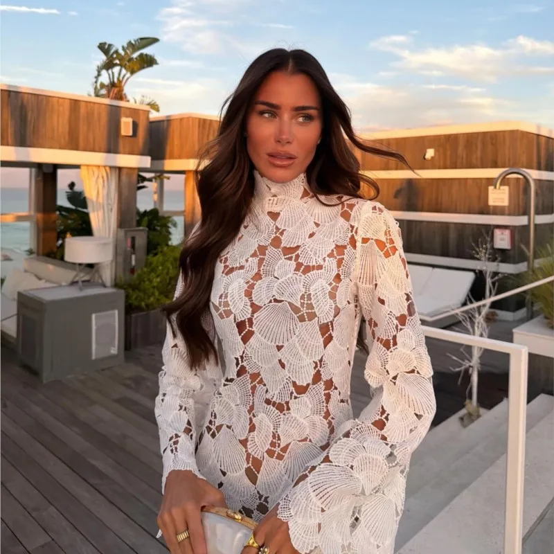 Fashion Crochet Hollow Out Lace Dresses 2026 Summer Long Sleeve High Collar Mini Dress Seaside Vacation Lady Party Gowns Female
Fashion Crochet Hollow Out Lace Dresses 2026 Summer Long Sleeve High Collar Mini Dress Seaside Vacation Lady Party Gowns Female