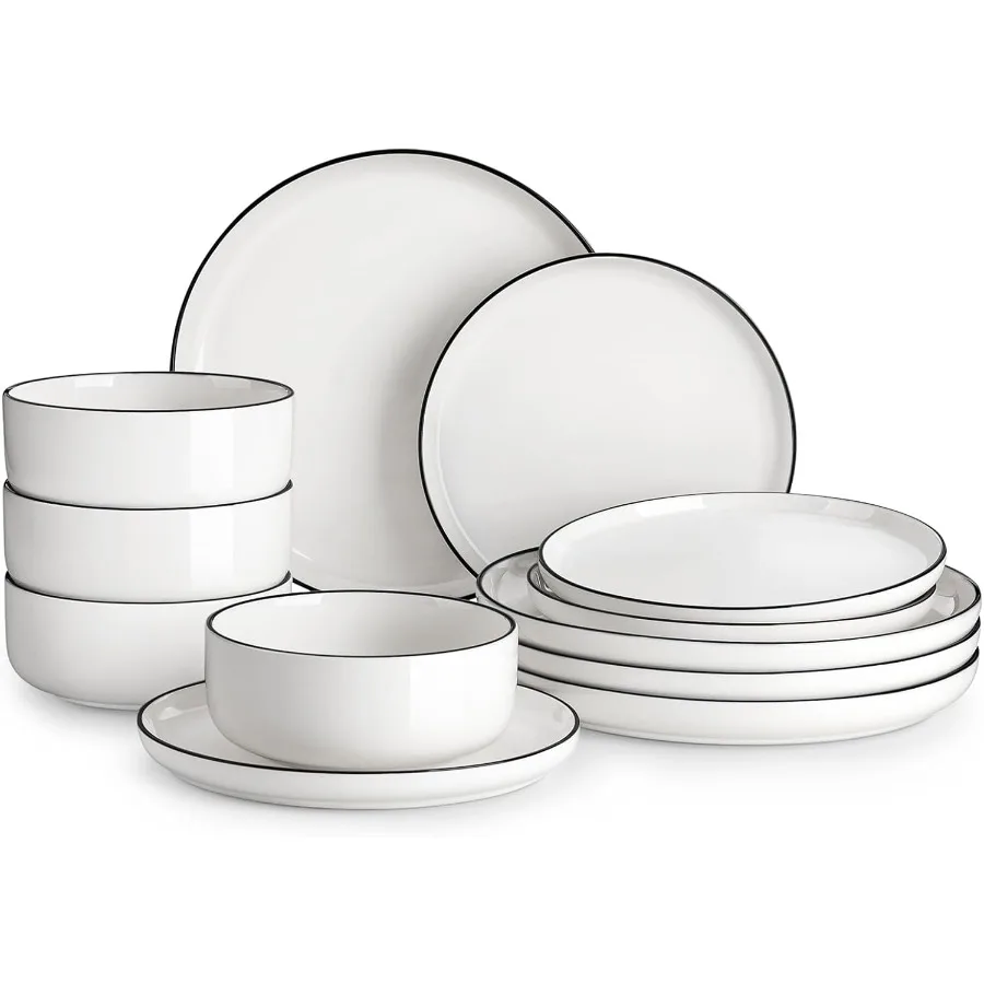 Plates and Bowls Sets 12 Pieces Modern Porcelain Dinnerware Set for 4 White Kitchen Dinner Dining Ware Set wtih Black Rim Ceram
Plates and Bowls Sets 12 Pieces Modern Porcelain Dinnerware Set for 4 White Kitchen Dinner Dining Ware Set wtih Black Rim Ceram