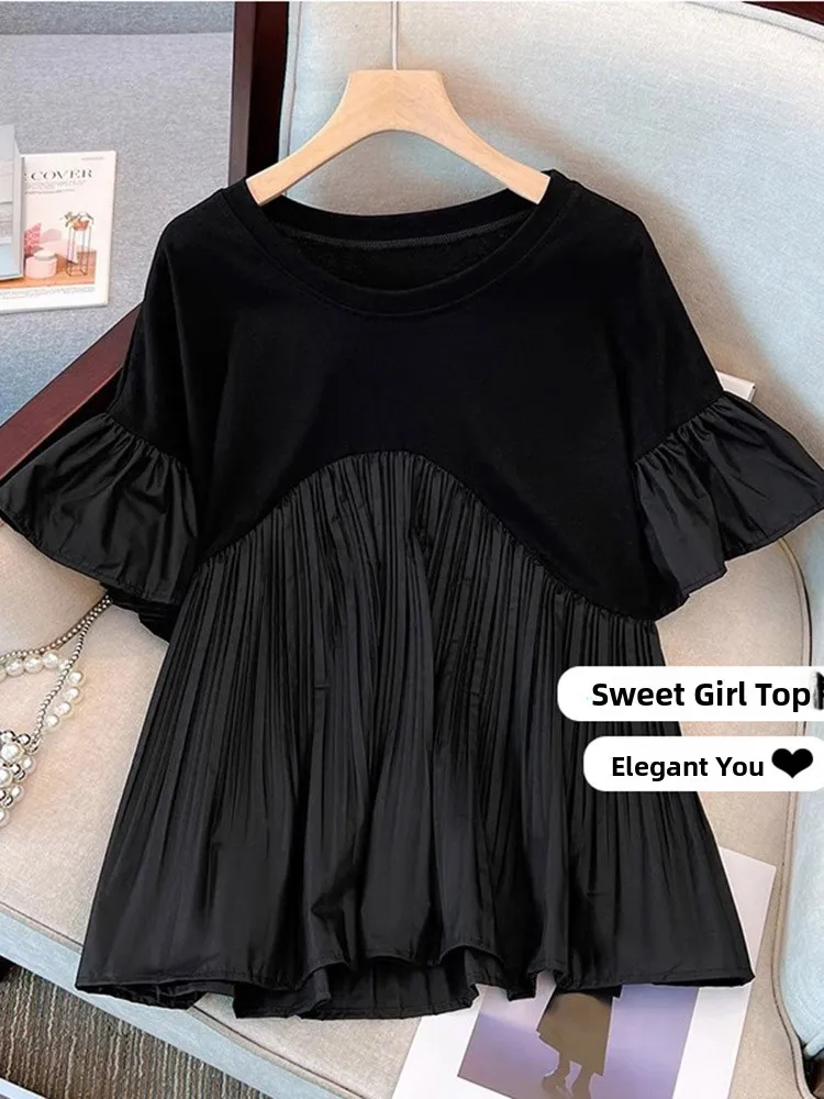 Slimming Floral Chiffon Blouse Women's Short Sleeve Pleated Bell Sleeve Summer Shirt Cover Stomach Korean Style Casual Wear
Slimming Floral Chiffon Blouse Women's Short Sleeve Pleated Bell Sleeve Summer Shirt Cover Stomach Korean Style Casual Wear