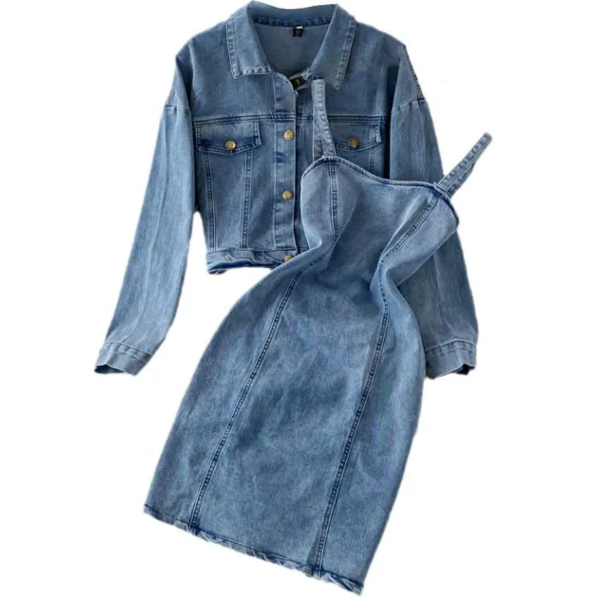New arrival autumn short denim jacket+sleeveless spaghetti strap slim denim dress women two piece sets
New arrival autumn short denim jacket+sleeveless spaghetti strap slim denim dress women two piece sets