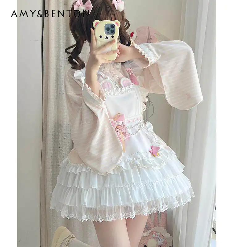 Summer Japanese Sweet Pink Apricot Long Sleeve Top White Short Skirt Bow Decor Apron Lolita Cute Cosplay Maid Outfit for Women
Summer Japanese Sweet Pink Apricot Long Sleeve Top White Short Skirt Bow Decor Apron Lolita Cute Cosplay Maid Outfit for Women