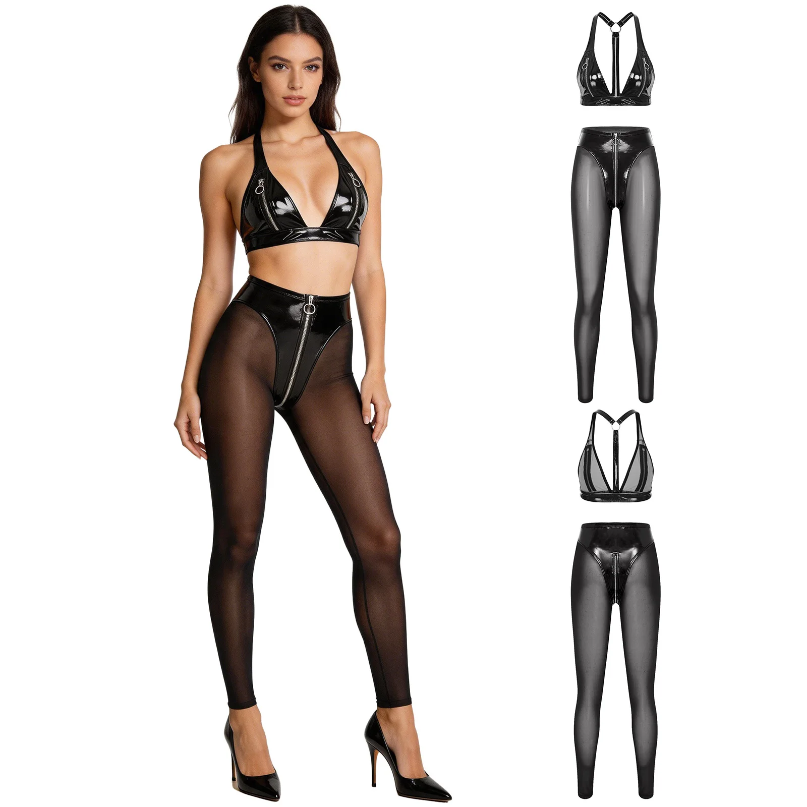 Women Shiny PVC Wet Look Crop Top Bralette and Mesh Tights Leggings Set Sexy Stretchy for Rave Party Clubwear Night
Women Shiny PVC Wet Look Crop Top Bralette and Mesh Tights Leggings Set Sexy Stretchy for Rave Party Clubwear Night