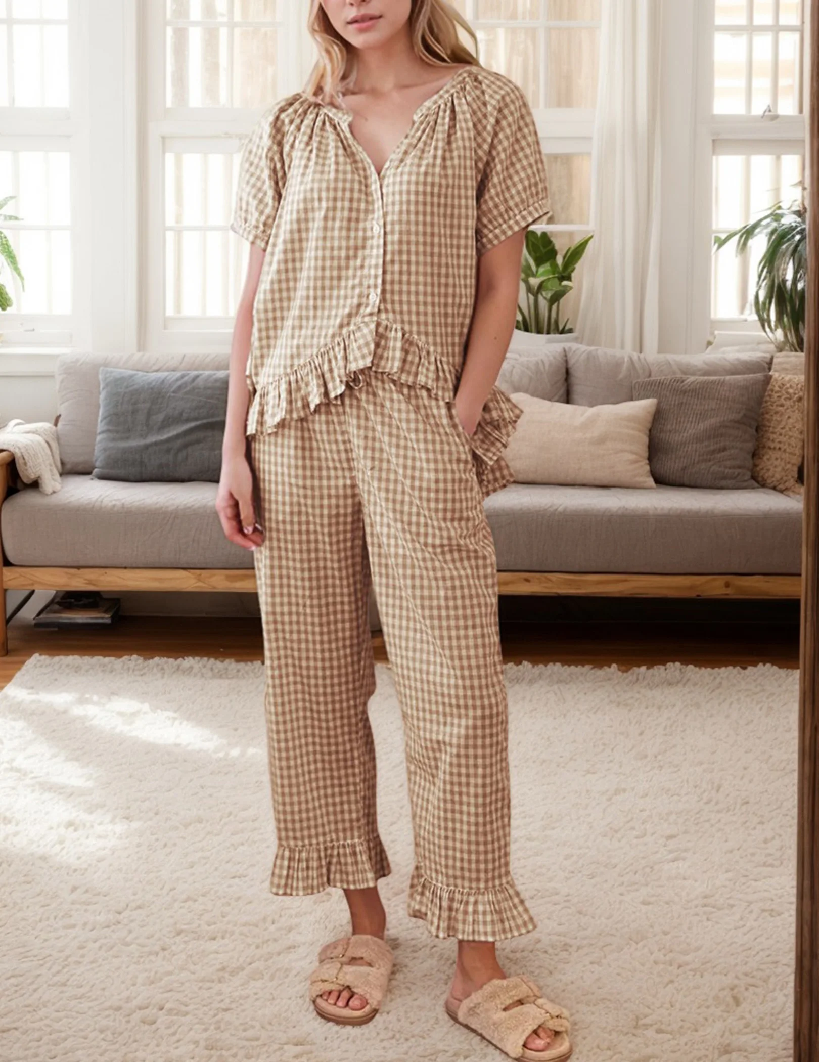 Womens Gingham Pajama Set Y2k Short Sleeve Babydoll Shirt and Pants Plaid 2 Piece Pajama Set Cute Sleepwear for Home
Womens Gingham Pajama Set Y2k Short Sleeve Babydoll Shirt and Pants Plaid 2 Piece Pajama Set Cute Sleepwear for Home