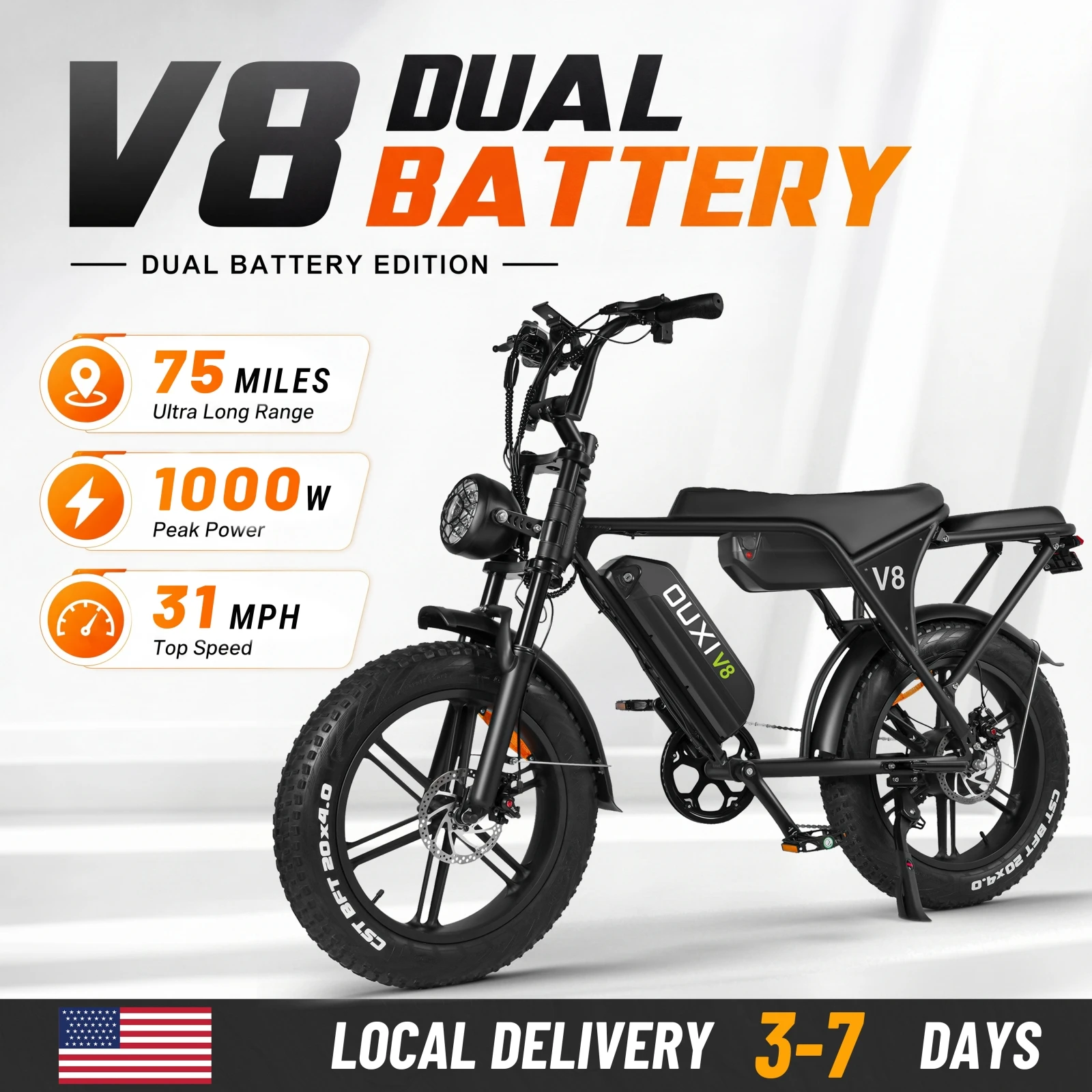 OUXI Official V8 Max Adults Fat Bike 48V 30AH Electric Dirt Bike 75Miles Range for Off Road Commute 7 Speed Mountain Moped Ebike
OUXI Official V8 Max Adults Fat Bike 48V 30AH Electric Dirt Bike 75Miles Range for Off Road Commute 7 Speed Mountain Moped Ebike