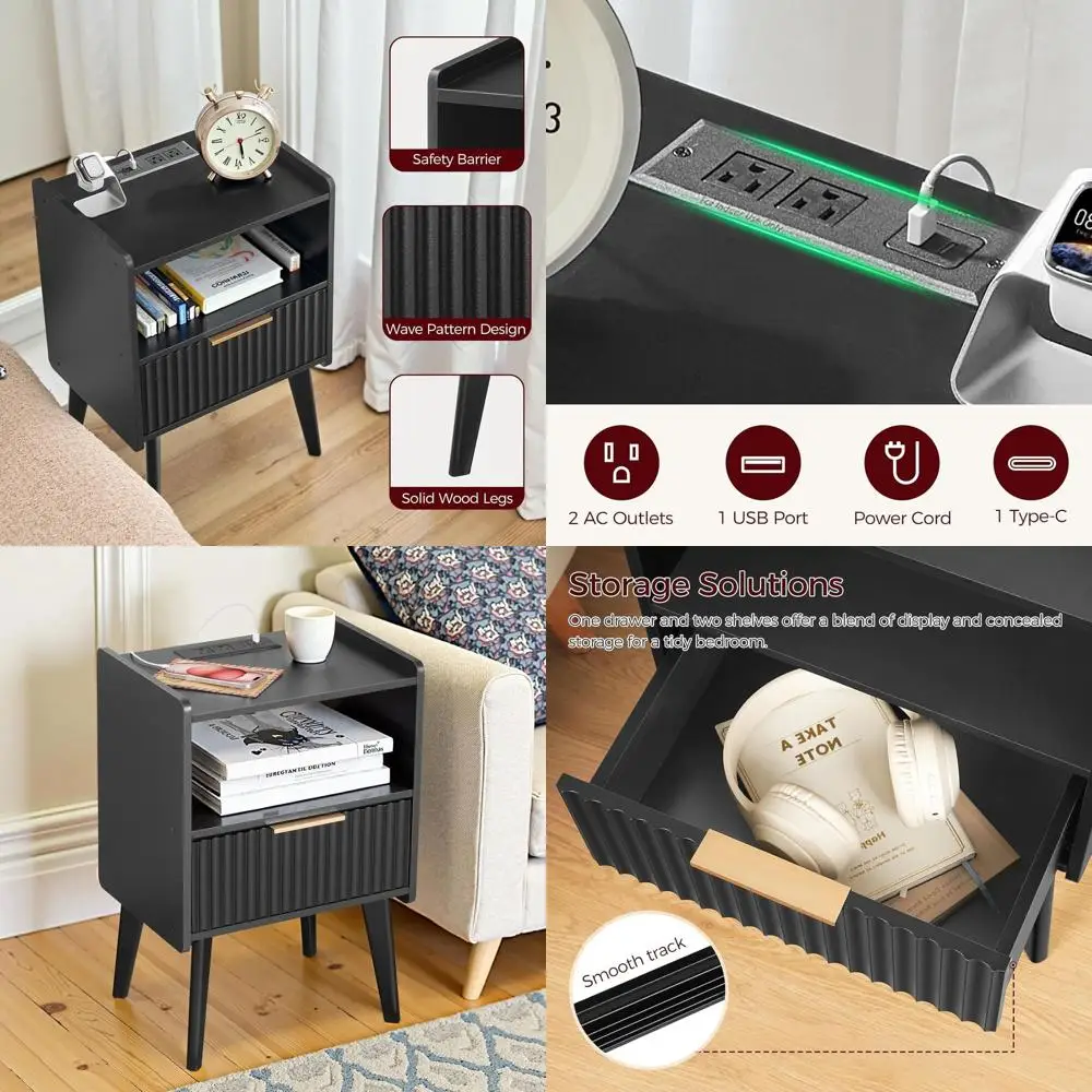 Современная прикроватная тумбочка с зарядной станцией, ящиком и полкой, ножки из массива дерева, подходит для гостиной и спальни, компактная.
Современная прикроватная тумбочка с зарядной станцией, ящиком и полкой, ножки из массива дерева, подходит для гостиной и спальни, компактная.