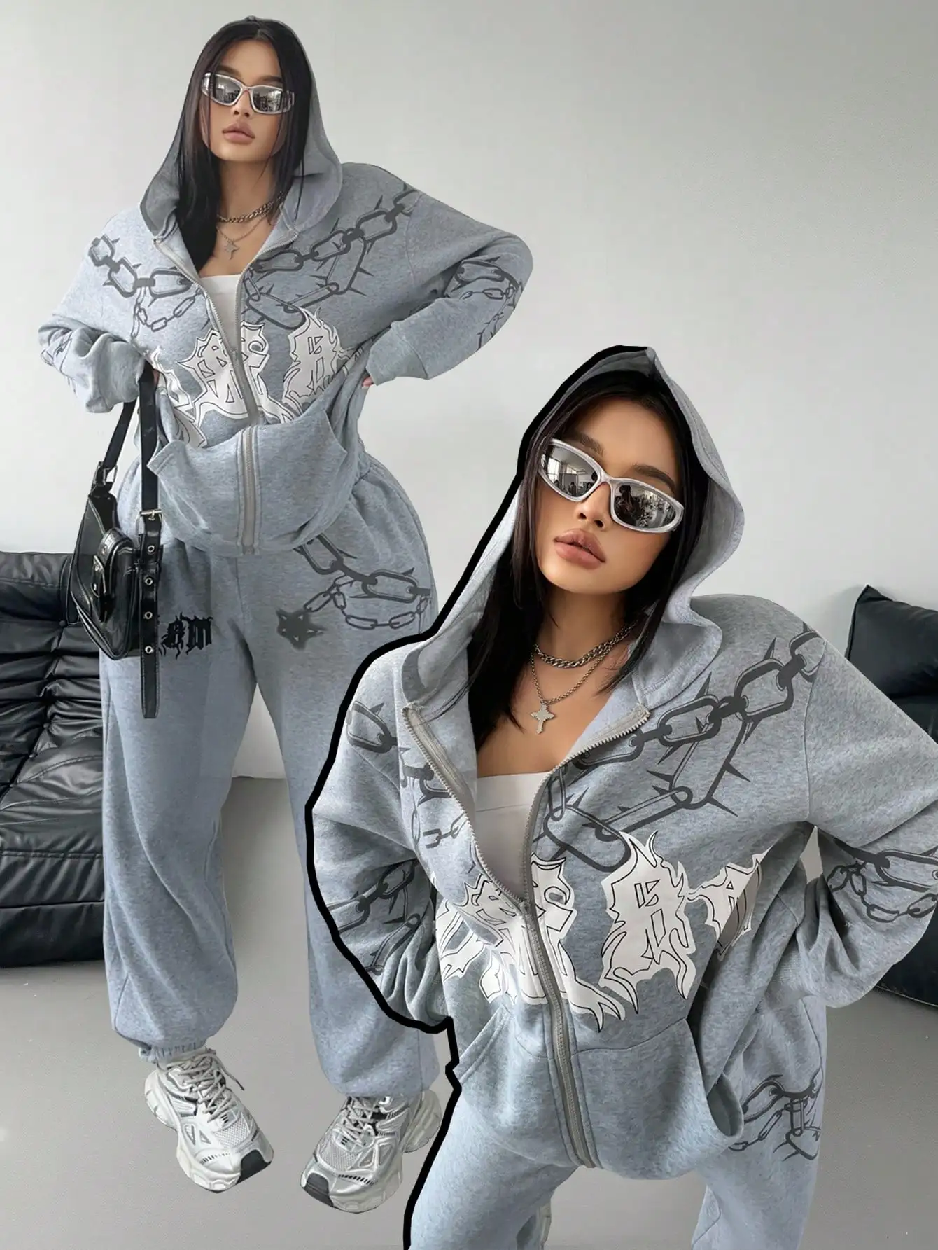 Chain Print Hoodie & Sweatpants Set, Oversized Zip-Up Tracksuit for Fall/Winter, Streetwear Style
Chain Print Hoodie & Sweatpants Set, Oversized Zip-Up Tracksuit for Fall/Winter, Streetwear Style