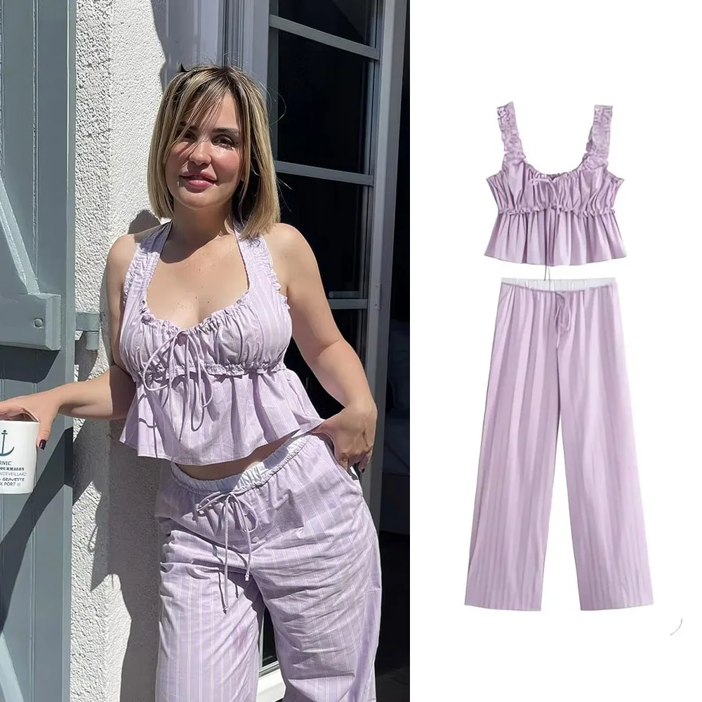 Fine Striped Elastic Waist Pants Sets For Women 2 Pieces 2024 New Fashion Poplin Sling Top Women's Suit Two Piece Set
Fine Striped Elastic Waist Pants Sets For Women 2 Pieces 2024 New Fashion Poplin Sling Top Women's Suit Two Piece Set