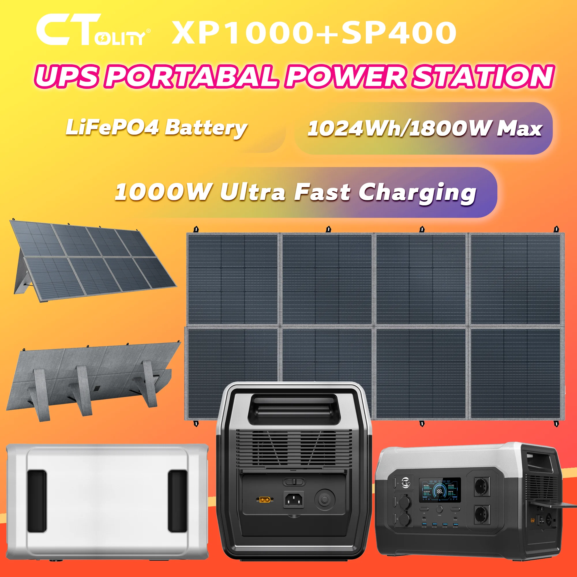 CTOLITY XP1000 UPS Power Station 1800W 1024Wh 320000mAh & SP400 400W Foldable Solar Panel, LiFePO4 Outdoor Emergency Power Suppl
CTOLITY XP1000 UPS Power Station 1800W 1024Wh 320000mAh & SP400 400W Foldable Solar Panel, LiFePO4 Outdoor Emergency Power Suppl