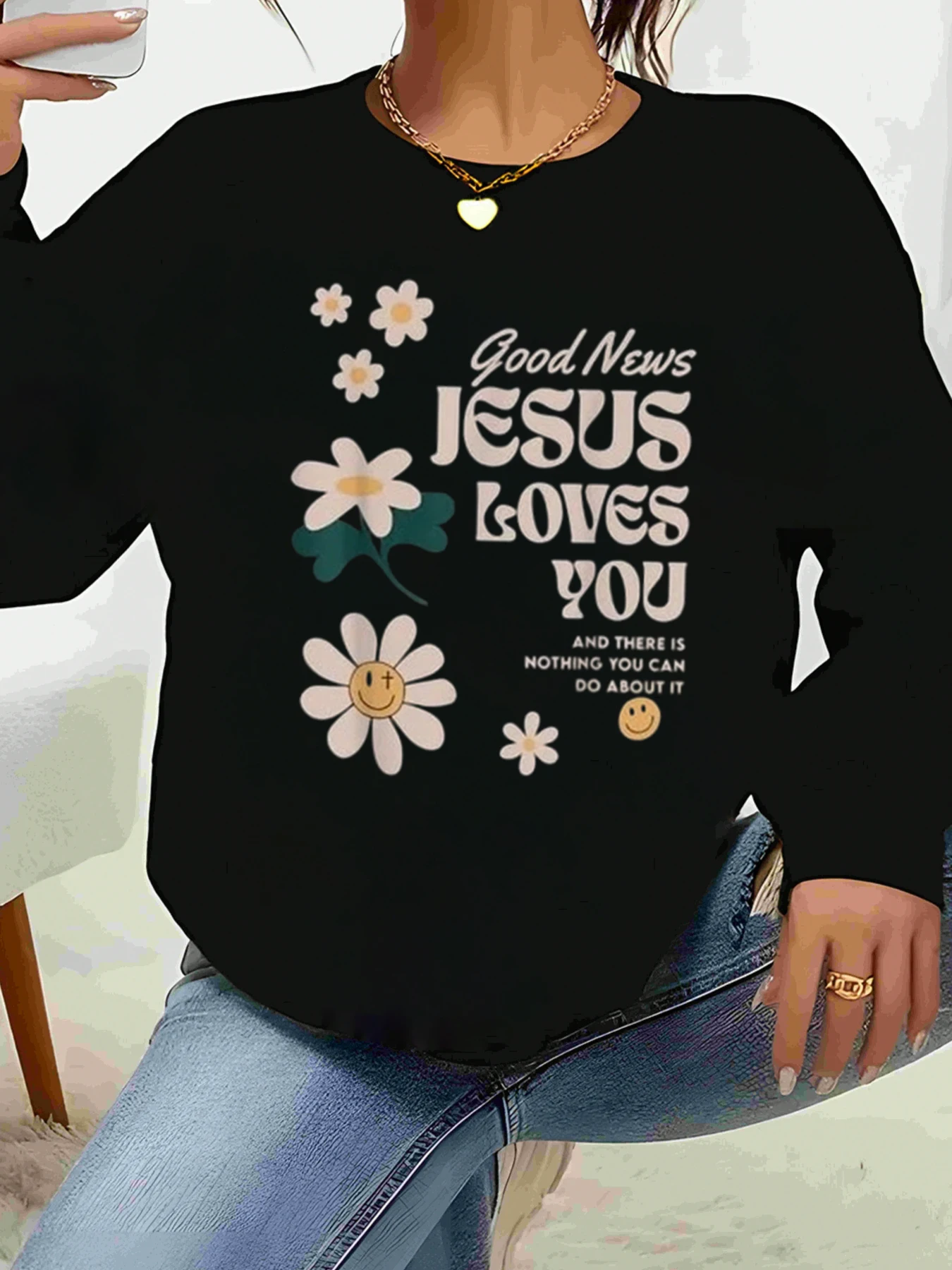 Свитер с длинными рукавами и принтом «Цветок Иисуса любит тебя», рождественская повседневная одежда для женщин
Свитер с длинными рукавами и принтом «Цветок Иисуса любит тебя», рождественская повседневная одежда для женщин