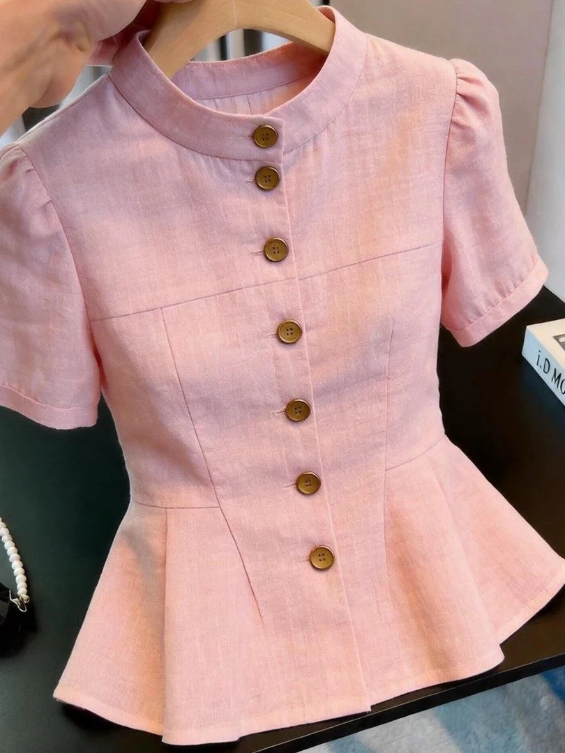 Elegant Korean Style Women's Shirt Short Sleeve Single Button Stand Collar plus Size Pink Slimming Age-Defying Summer New Arr...
Elegant Korean Style Women's Shirt Short Sleeve Single Button Stand Collar plus Size Pink Slimming Age-Defying Summer New Arr...