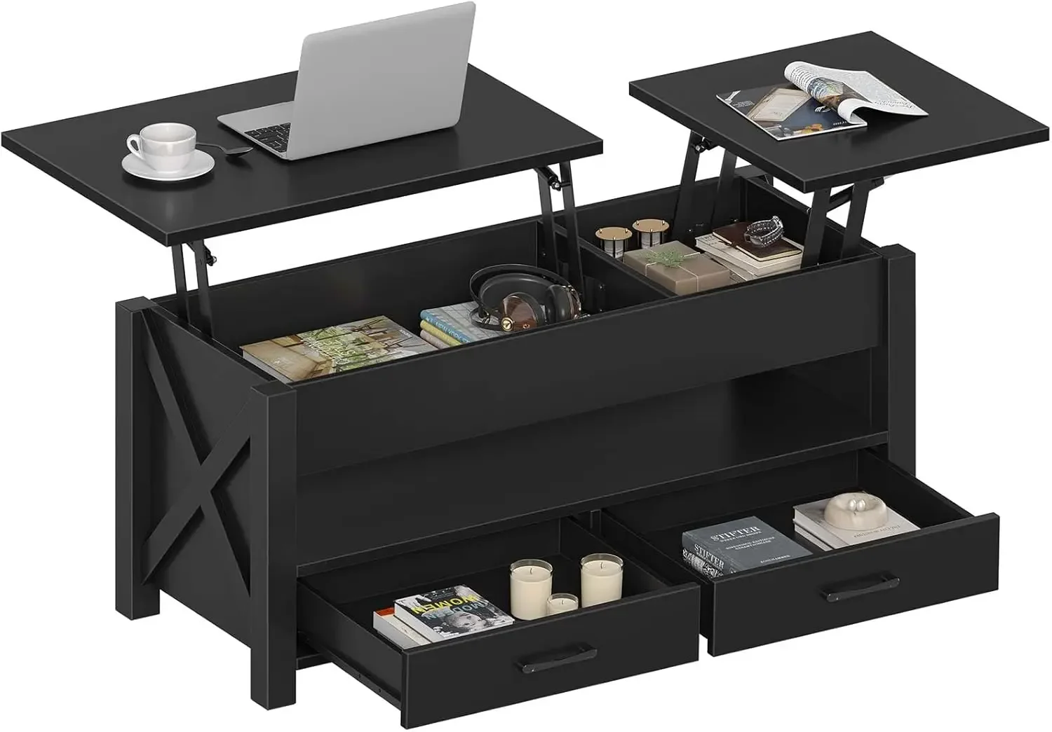 Coffee Table, 47.2" Lift Top Coffee Table with 2 Storage Drawers and Hidden Compartment, X Wood Farmhouse Support, Retro Center
Coffee Table, 47.2" Lift Top Coffee Table with 2 Storage Drawers and Hidden Compartment, X Wood Farmhouse Support, Retro Center