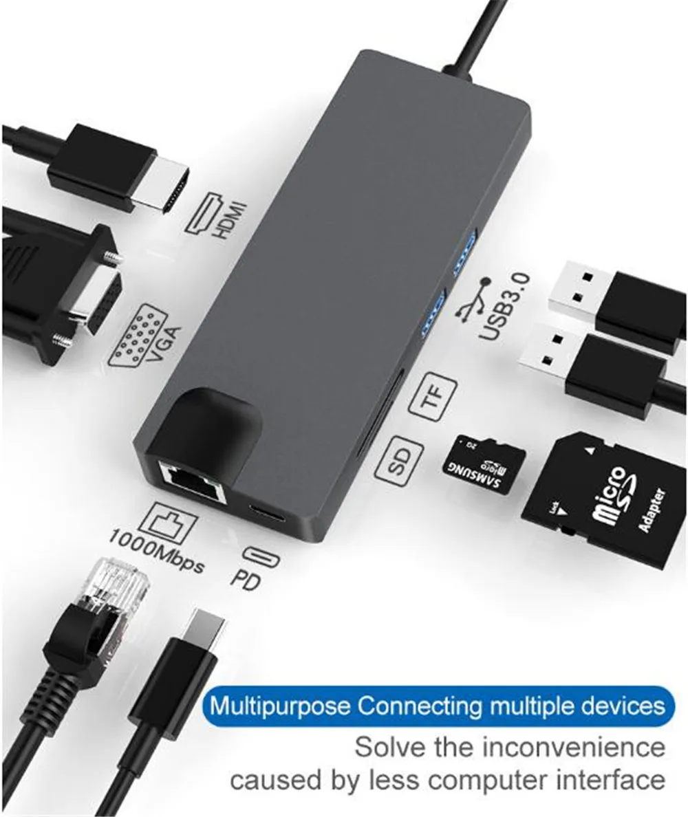 8in1 Type-C Docking Station Type C to VGA Hub Docking Station Multifunction Hub usb Hub
8in1 Type-C Docking Station Type C to VGA Hub Docking Station Multifunction Hub usb Hub