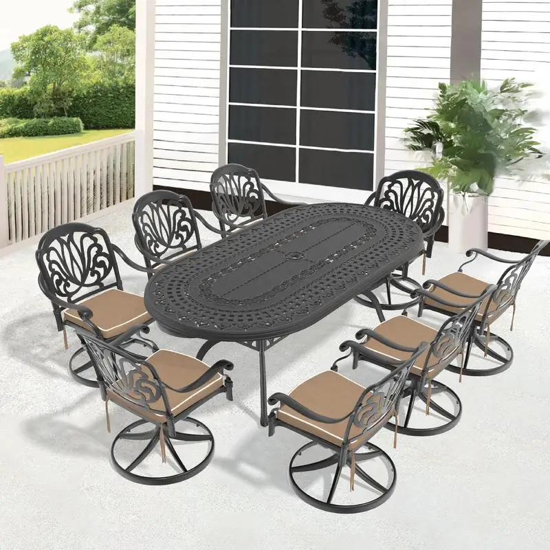 9-Piece All-Weather Cast Aluminum Dining Set with 8 Swivel Chairs & Oval Table, Black Frame
9-Piece All-Weather Cast Aluminum Dining Set with 8 Swivel Chairs & Oval Table, Black Frame