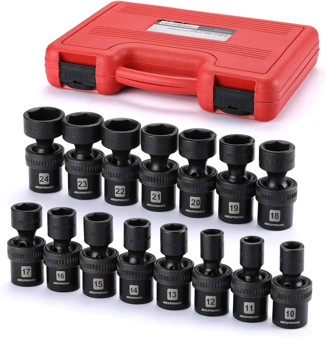15-Piece 1/2" Drive Metric Impact Socket Set with Swivel Head, 10-24mm, Heavy-Duty Case
15-Piece 1/2" Drive Metric Impact Socket Set with Swivel Head, 10-24mm, Heavy-Duty Case