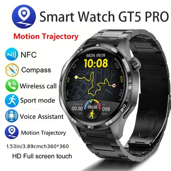 스마트 워치 남성용 블루투스 통화 GPS 궤적 NFC 심박수 나침반 스마트워치, AMOLED HD 스크린, GT5 프로, 2024 신제품