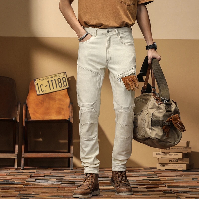 Men Patchwork Biker Jeans for Motorcycle Streetwear White Beige Pockets Cargo Pants Slim Tapered Stretch Denim Trousers
Men Patchwork Biker Jeans for Motorcycle Streetwear White Beige Pockets Cargo Pants Slim Tapered Stretch Denim Trousers