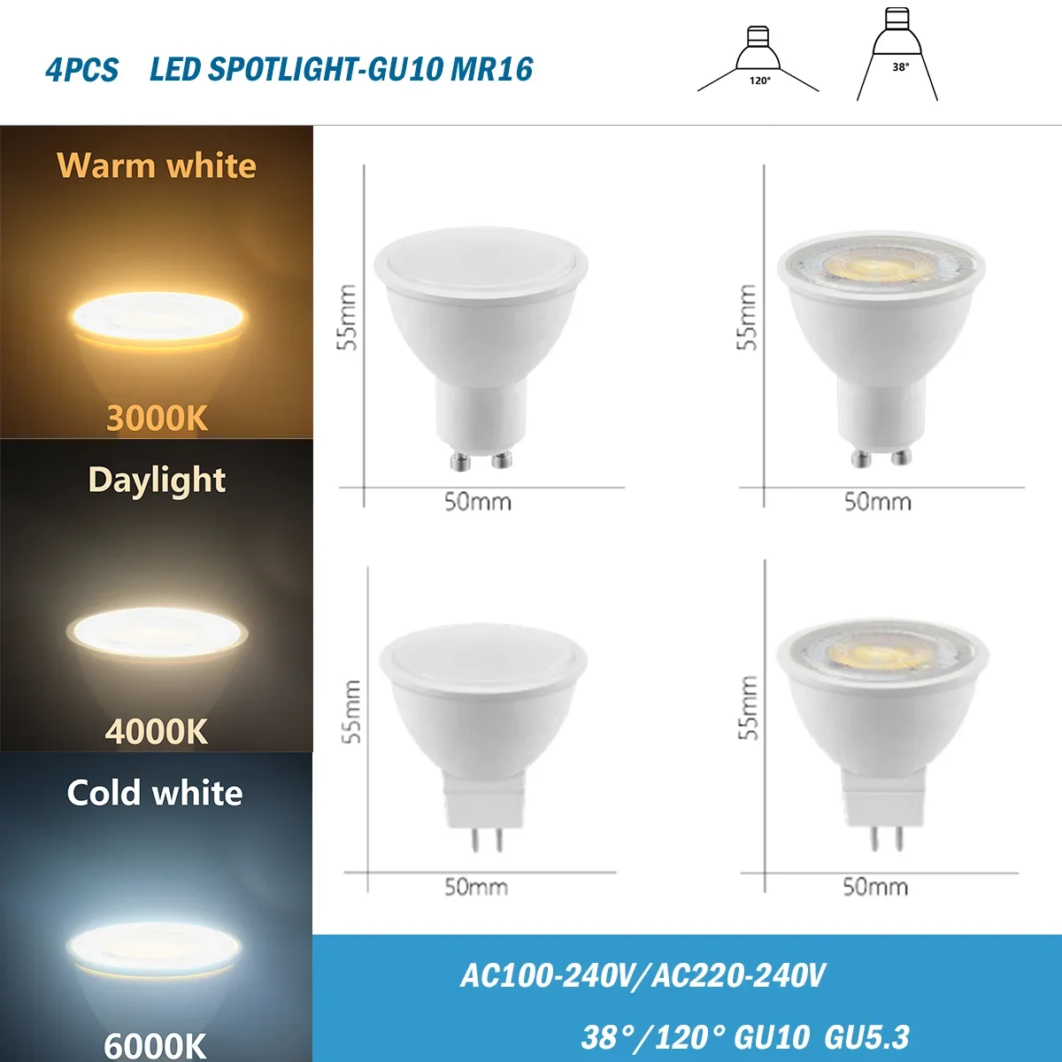 4PCS LED Spotlight GU10 GU5.3 AC220V/AC100-240V 3W-8W 38 120 degree high lumen warm white light replace 50W 100W halogen lamp
4PCS LED Spotlight GU10 GU5.3 AC220V/AC100-240V 3W-8W 38 120 degree high lumen warm white light replace 50W 100W halogen lamp