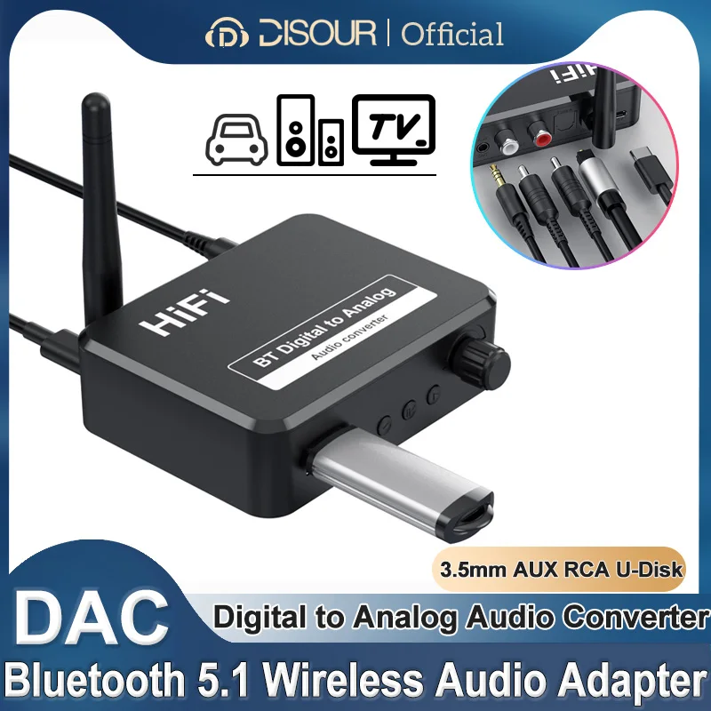 DAC Bluetooth 5.1 Audio Receiver Digital to Analog Converter 3.5mm AUX RCA U-Disk Optical Jack Stereo Wireless Adadper For PC TV
DAC Bluetooth 5.1 Audio Receiver Digital to Analog Converter 3.5mm AUX RCA U-Disk Optical Jack Stereo Wireless Adadper For PC TV