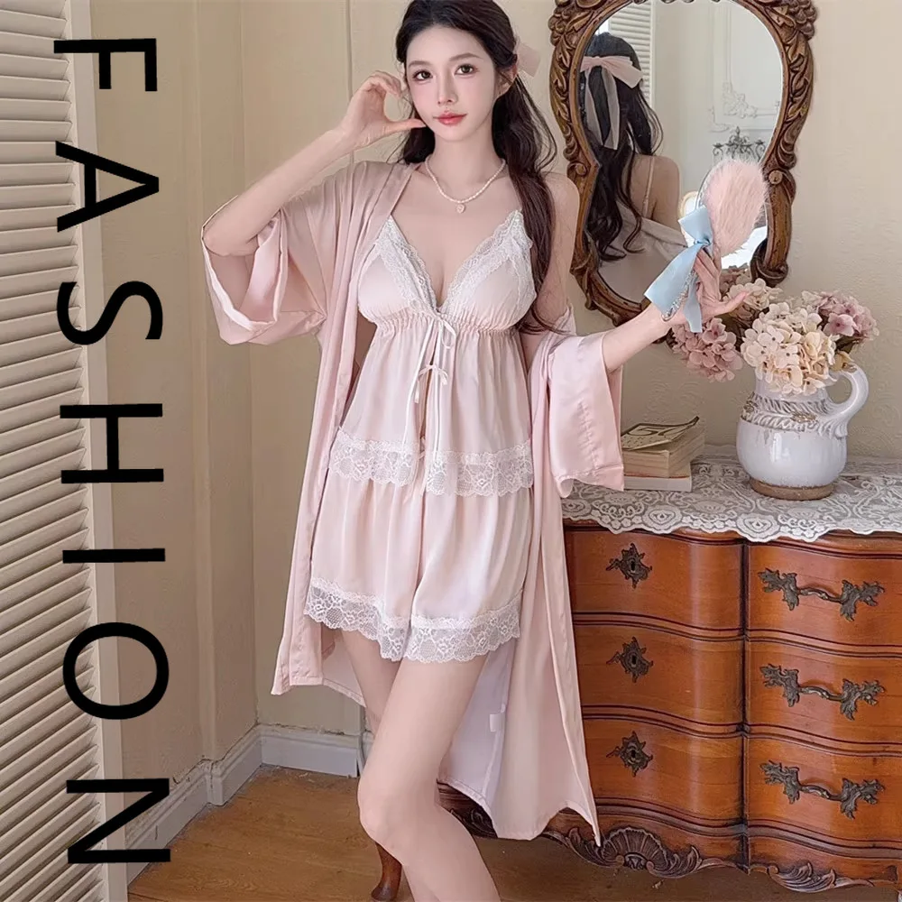 Ice silk pajamas women's summer suspender shorts nightgown three-piece set summer pure desire sexy beauty back with chest pad lo
Ice silk pajamas women's summer suspender shorts nightgown three-piece set summer pure desire sexy beauty back with chest pad lo