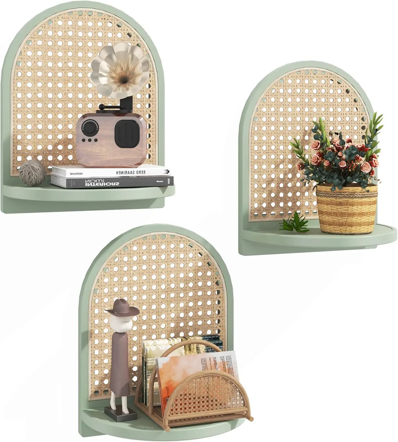 Set of 3 Rattan Wall Shelves, Green Wicker Floating Shelves, Boho Arch Shelf for Plants & Decor
Set of 3 Rattan Wall Shelves, Green Wicker Floating Shelves, Boho Arch Shelf for Plants & Decor