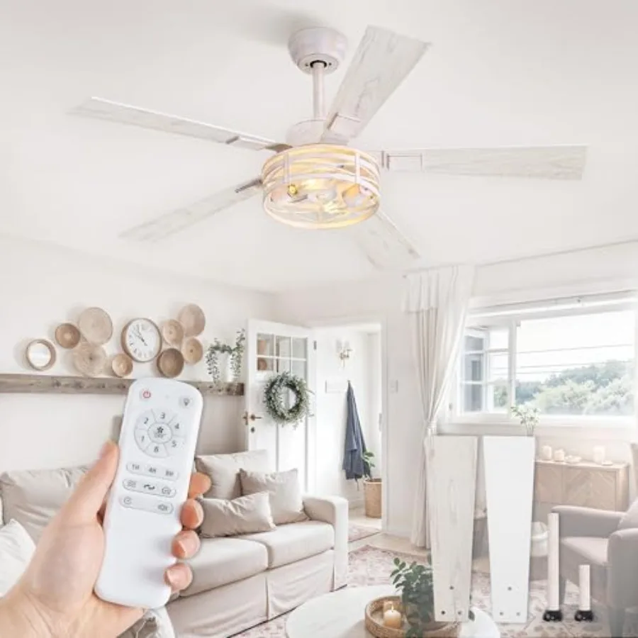 Farmhouse ceiling fan with light for bedroom, 48 inch, white and gold, 6-speed quiet reversible DC motor, 5 dual-finish blades,
Farmhouse ceiling fan with light for bedroom, 48 inch, white and gold, 6-speed quiet reversible DC motor, 5 dual-finish blades,