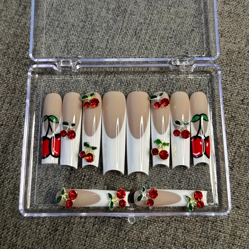 So classy! White French Edge Press-On Nails with Cherry Stickers and Cherry Ornaments, Extra Long Square Nails, Salon Handmade N
So classy! White French Edge Press-On Nails with Cherry Stickers and Cherry Ornaments, Extra Long Square Nails, Salon Handmade N
