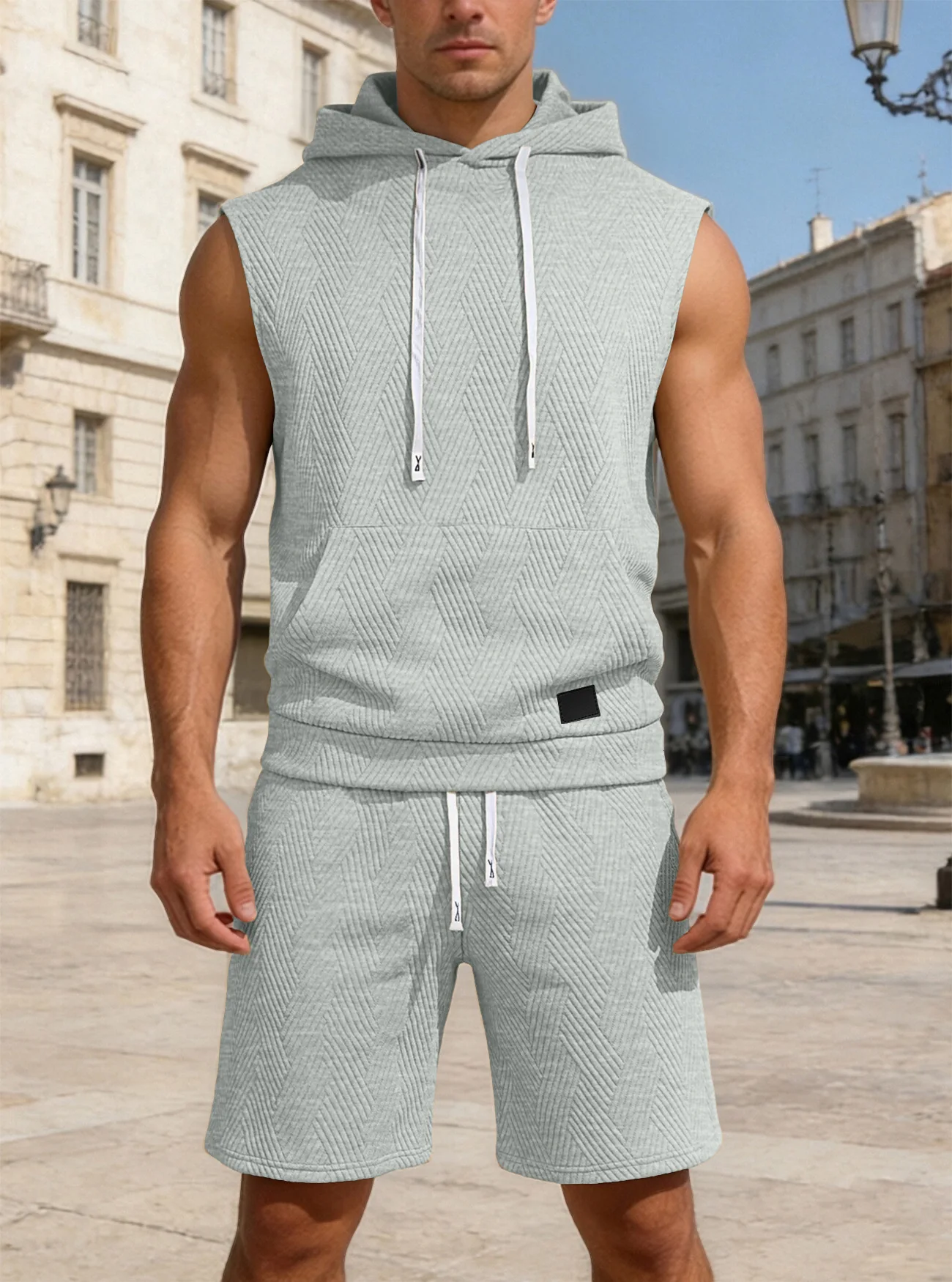 2026 Men's Casual Solid Color 2 Piece Set Fashion Jacquard Knitted T-shirt Hooded Sleeveless Vest & Elastic Waist Shorts Jogging
2026 Men's Casual Solid Color 2 Piece Set Fashion Jacquard Knitted T-shirt Hooded Sleeveless Vest & Elastic Waist Shorts Jogging
