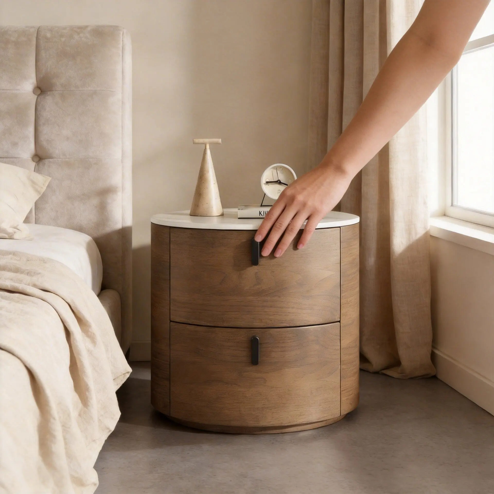 Italian minimalist light luxury high-end bedroom round bedside table simple modern small apartment storage rock slab cabinet
Italian minimalist light luxury high-end bedroom round bedside table simple modern small apartment storage rock slab cabinet