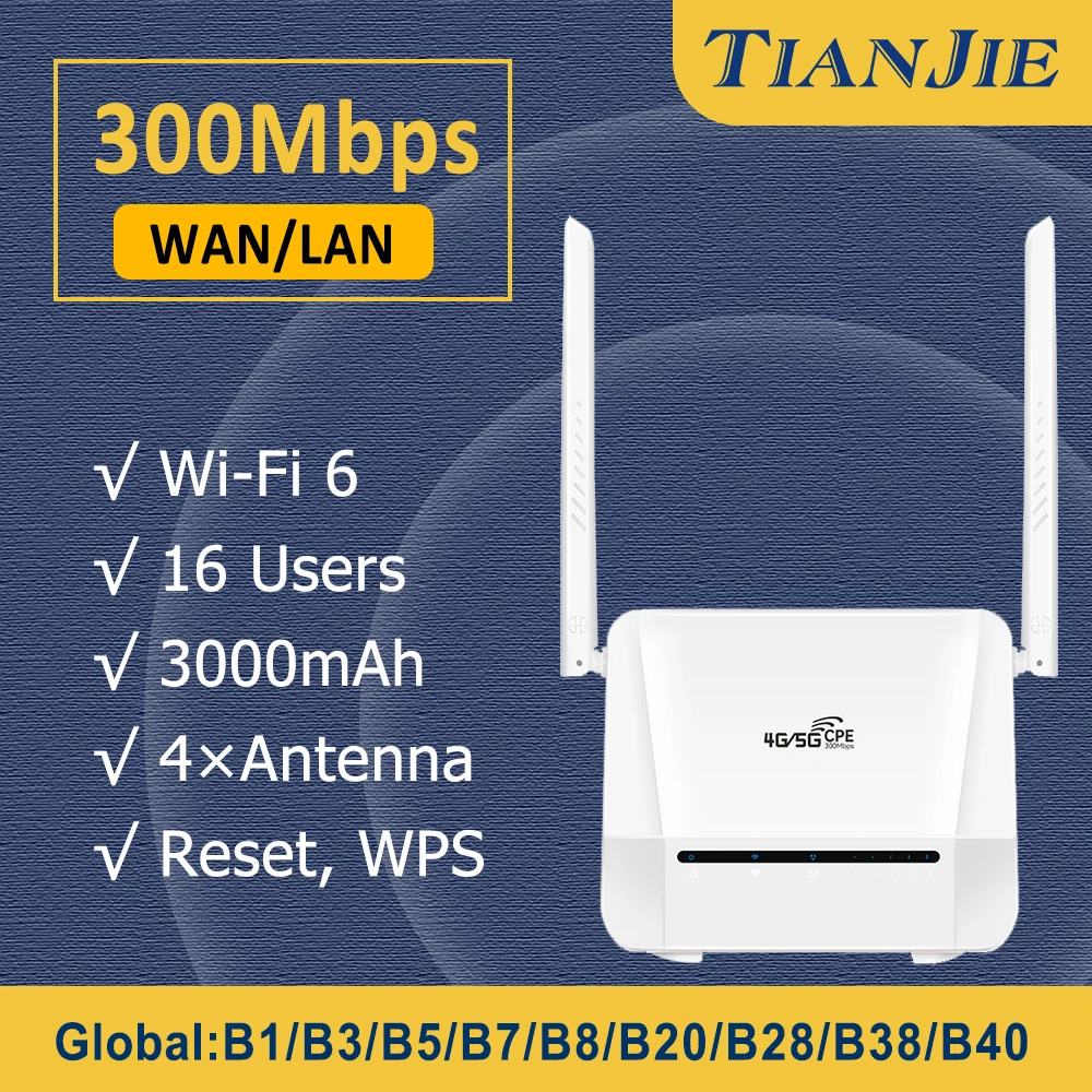 TIANJIE R312 4G LTE Indoor Router,Wifi 6 Router with SIM Card Slot,Travel & Home Wi-Fi Solution,3000mAh Battery Backup Device
TIANJIE R312 4G LTE Indoor Router,Wifi 6 Router with SIM Card Slot,Travel & Home Wi-Fi Solution,3000mAh Battery Backup Device 