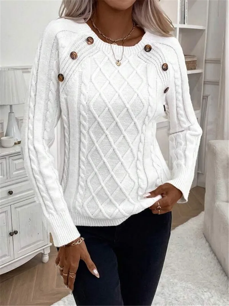 Women's Autumn Winter Sweater Button Design Feel Raglan Sleeves Sweater Twisted Flower Pullover Knitted Fashion O-Neck Sweater
Women's Autumn Winter Sweater Button Design Feel Raglan Sleeves Sweater Twisted Flower Pullover Knitted Fashion O-Neck Sweater