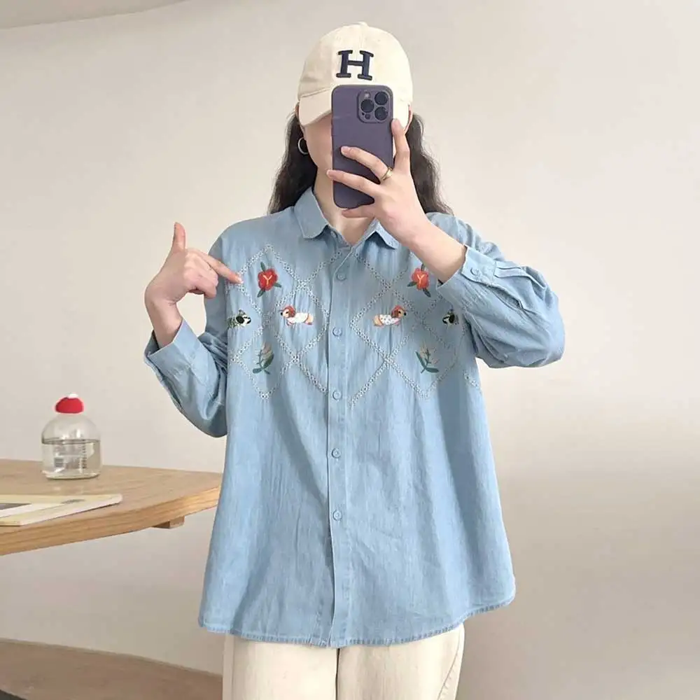Japanese Sweet Mori Girl Cartoon Flower Embroidery Denim Cotton Shirts Women Spring Turn Down Collar Long Sleeve Denim Blouse
Japanese Sweet Mori Girl Cartoon Flower Embroidery Denim Cotton Shirts Women Spring Turn Down Collar Long Sleeve Denim Blouse