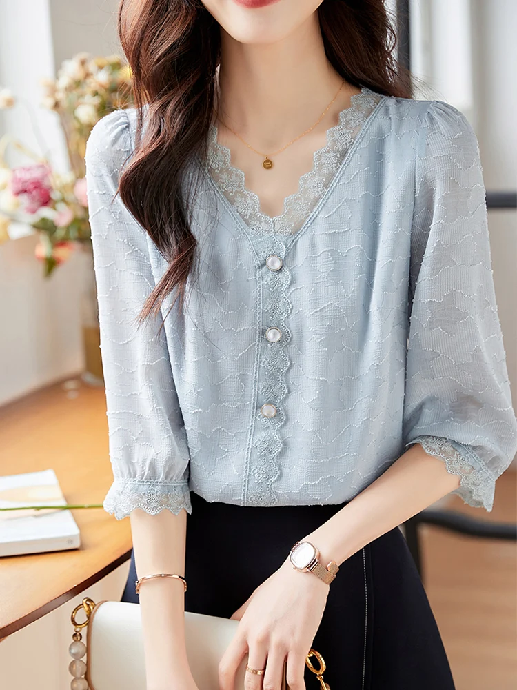 Summer New Loose V-Ne Seven-Sve Women's irt Design Sense Chiffon Top Belly Cover Small irt T-irt Korean Sle
Summer New Loose V-Ne Seven-Sve Women's irt Design Sense Chiffon Top Belly Cover Small irt T-irt Korean Sle