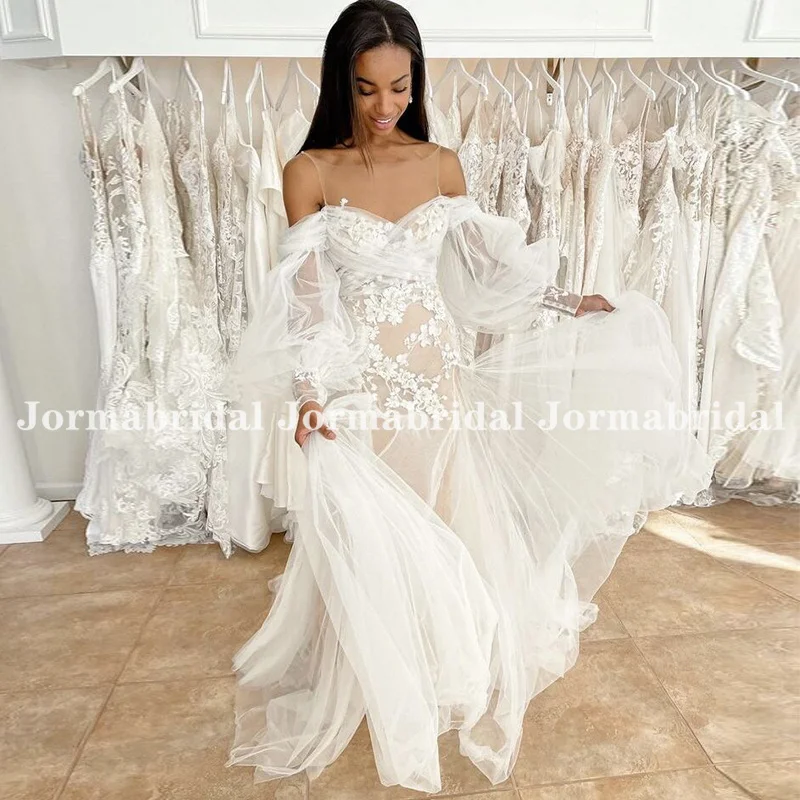 Illusion Jewel Neckline Bohemian Wedding Dress Off the Shoulder Long Puff Sleeve Floral Applique Summer Beach Tulle Bridal Gowns
Illusion Jewel Neckline Bohemian Wedding Dress Off the Shoulder Long Puff Sleeve Floral Applique Summer Beach Tulle Bridal Gowns