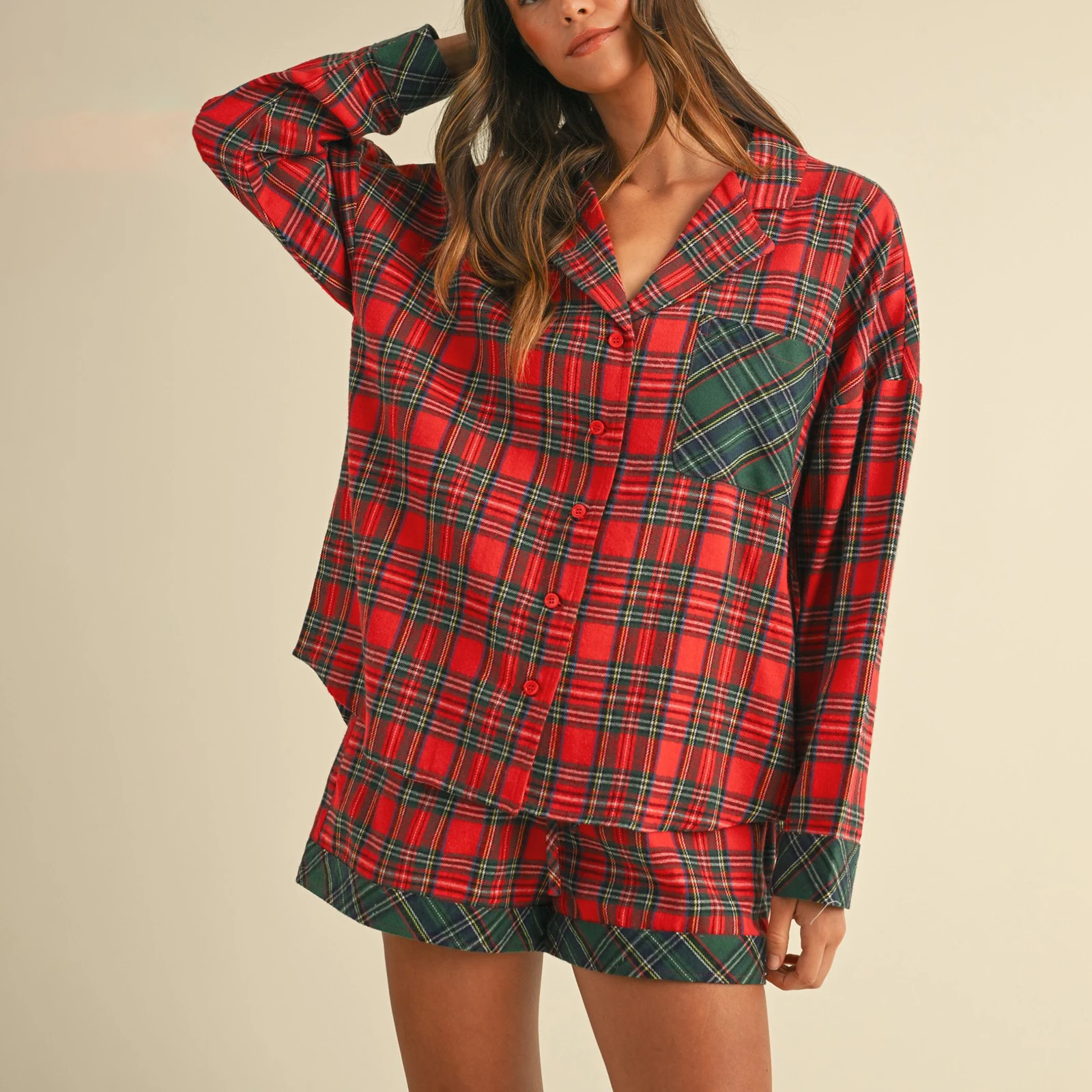 Women's Sweet Lounge Set Casual Long Sleeve Lapel Button Up Plaid Shirt Shorts Sleepwear Sets Pajama Sets
Women's Sweet Lounge Set Casual Long Sleeve Lapel Button Up Plaid Shirt Shorts Sleepwear Sets Pajama Sets