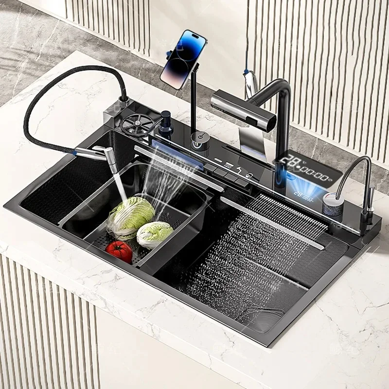 Waterfall Kitchen Sink Single-Slot with phone holder Stainless Steel Smart Integrated Kitchen Faucet Honeycomb Embosse
Waterfall Kitchen Sink Single-Slot with phone holder Stainless Steel Smart Integrated Kitchen Faucet Honeycomb Embosse