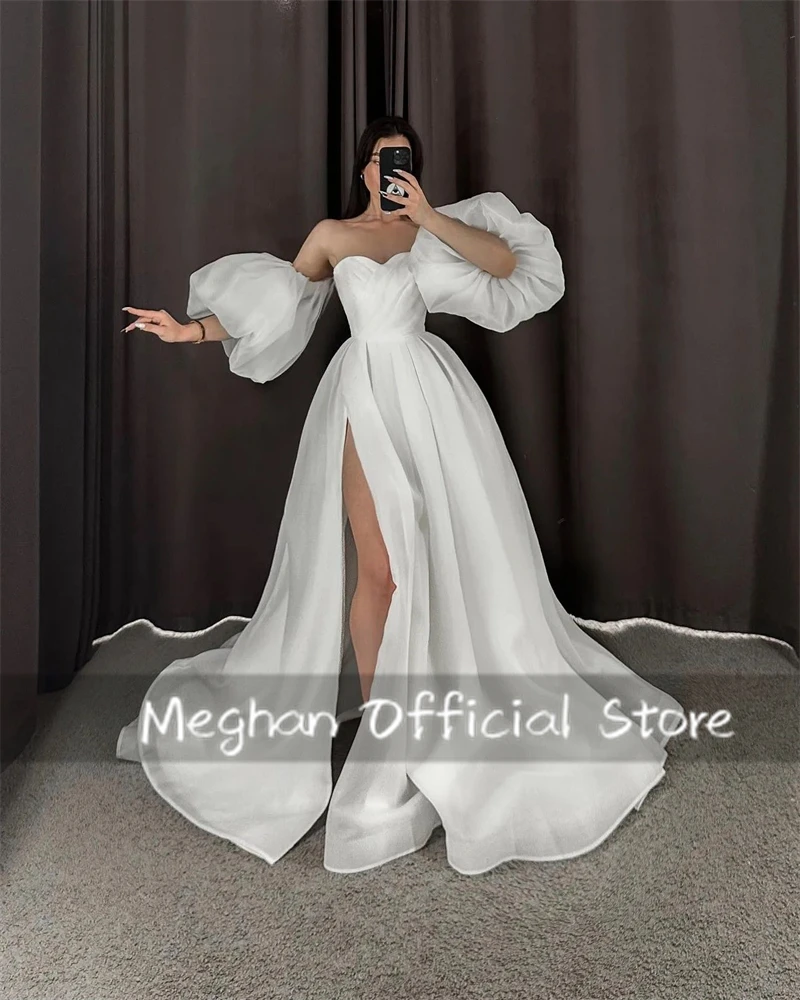 White Off Shoulder Wedding Dress For Women High Split Bridal Gown Pleats Formal Dress With Lantern vestidos de fiesta Customized
White Off Shoulder Wedding Dress For Women High Split Bridal Gown Pleats Formal Dress With Lantern vestidos de fiesta Customized