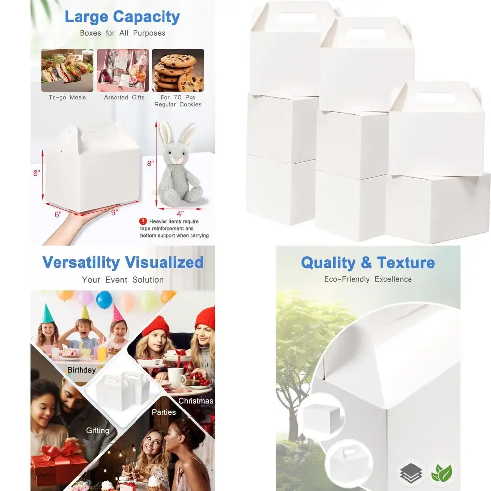 9x6x6 Inch White Gable Gift Boxes with Handle, Ideal for Treats, Lunch, Cookies, Weddings, and Birthday Parties
9x6x6 Inch White Gable Gift Boxes with Handle, Ideal for Treats, Lunch, Cookies, Weddings, and Birthday Parties