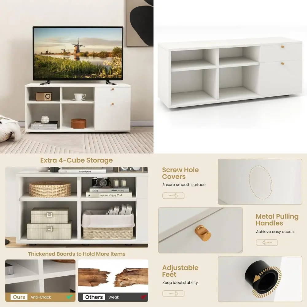Белая современная тумба под телевизор с 2 ящиками, 4 секциями и регулируемыми ножками для хранения в прихожей и в качестве консоли для домашнего офиса
Белая современная тумба под телевизор с 2 ящиками, 4 секциями и регулируемыми ножками для хранения в прихожей и в качестве консоли для домашнего офиса