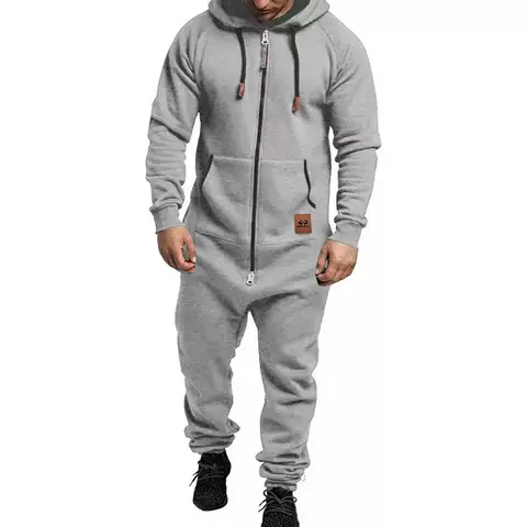 Men Hooded Jumpsuit Solid Long Sleeve Set Thick Playsuits Male Zipper Hoodies Romper Autumn One Piece Sets Casual Straight