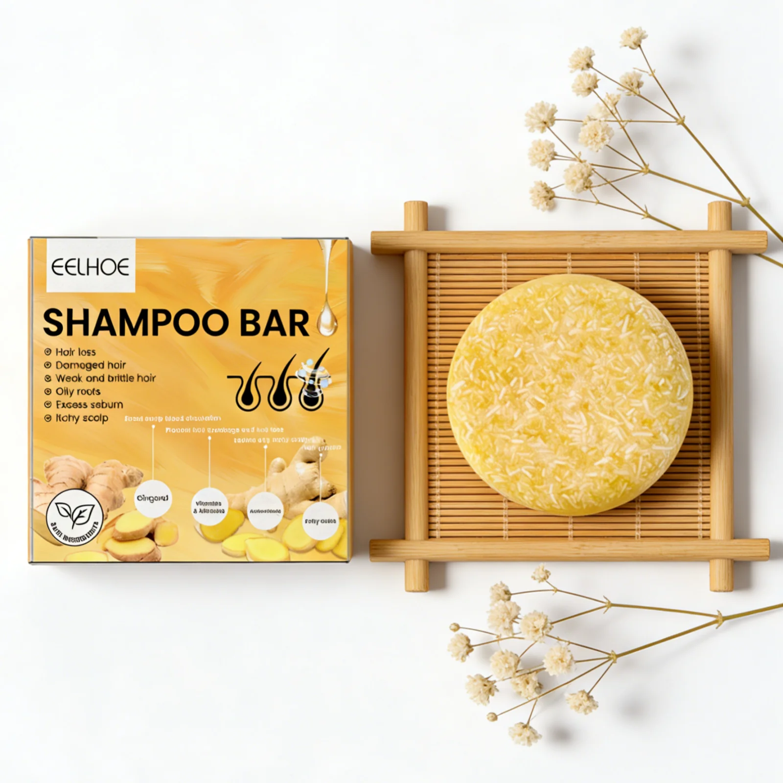 Eelhoe Ginger Shampoo Bar Boost Hair Growth Oil Control Soothe Daily Scalp Care Natural Formula Anti Hair Loss Shampoo Soap 60g
Eelhoe Ginger Shampoo Bar Boost Hair Growth Oil Control Soothe Daily Scalp Care Natural Formula Anti Hair Loss Shampoo Soap 60g