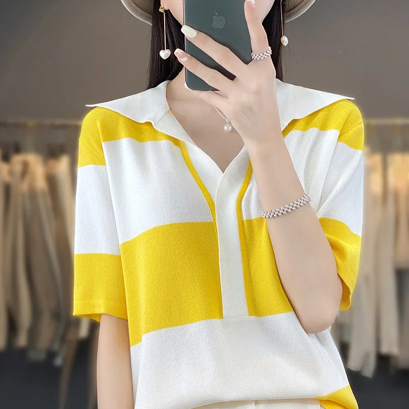Women's summer new cotton and linen knitted casual striped pullover color blocked POLO collar short sleeved loose high-end top
Women's summer new cotton and linen knitted casual striped pullover color blocked POLO collar short sleeved loose high-end top