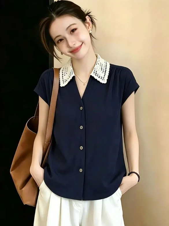 Blue Lace V-neck Short-sleeved Shirt Women's Fashion Korean Style Loose Fit Commute Wind Summer New Arrival Large Size
Blue Lace V-neck Short-sleeved Shirt Women's Fashion Korean Style Loose Fit Commute Wind Summer New Arrival Large Size